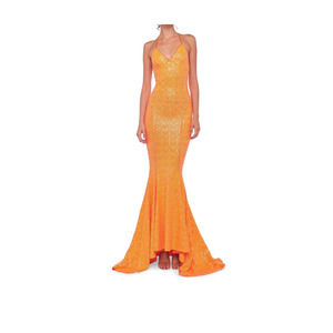 Norma Kamali Sequin Low Back Slip Mermaid Fishtail Gown Neon Orange Size XS NWT